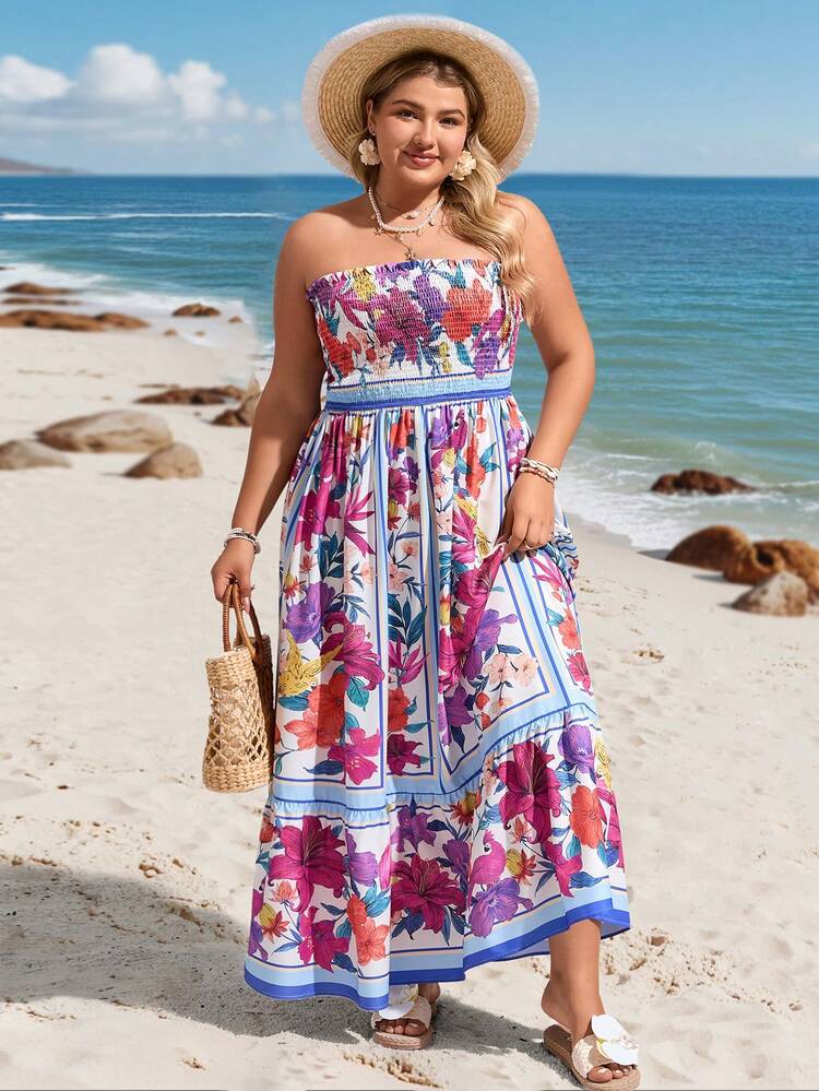 SHEIN VCAY 大码简约时尚抹胸连衣裙，适合夏季海滩度假 - 彩色 - 查看 5