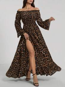 SHEIN Tall Vestido casual com estampa de leopardo, linha A, frente com babados, bainha com babados e fenda alta, estilo boêmio outono/inverno - Castanho - Ver 1