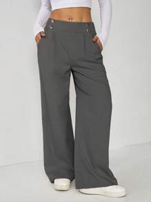 SHEIN PETITE Pantalones rectos elegantes de oficina con doble botón para mujer