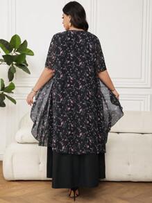 Lacomfia 2pcs/Set Plus Size Women Ditsy Floral Flowy Shirt Dress