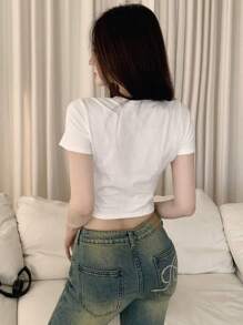 DAZY 女式圆领短袖透视T恤、短款上衣 - 白色 - 查看 5