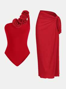 Swim Oasis Women's Luxury Metal Shiny Rose Decor Elegant 1-Piece Set For Summer Beach Vacation - Red - View 1