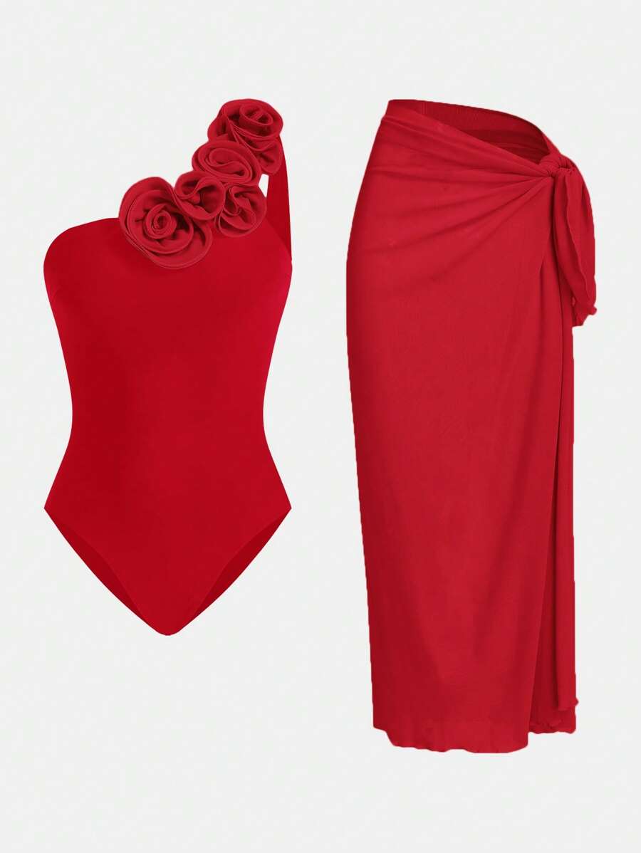 Swim Oasis Women's Luxury Metal Shiny Rose Decor Elegant 1-Piece Set For Summer Beach Vacation - Red - View 1