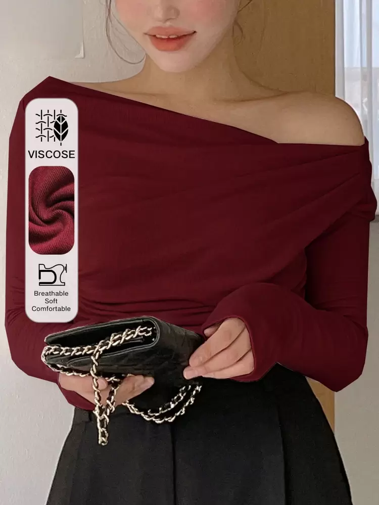 Women's T-Shirt, Chinese New Year , Off Shoulder, Wrap Design, Encore Red, Autumn/Spring Long Sleeve Women Tops