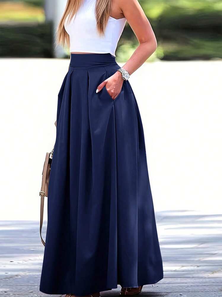 Firerie Women High Waist Pleated Long Skirt, Solid Color - Navy Blue - View 5