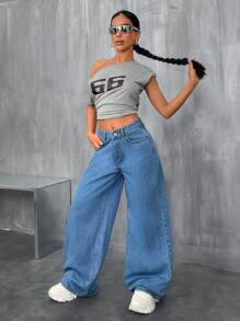 EURMUSE Lässige Jeans aus Baumwolldenim mit tiefer Taille, minimalistisch und modisch - Mittele Waschung - Übersicht 4