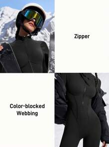 女士纯色前拉链长袖连体裤，休闲户外