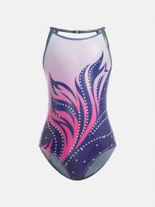 SHEIN Young Girls Floral Activewear Gymnastics Leotard With Spaghetti Strap Neckline, Racerback And Snap Button, Deep Purple - Purple - View 7