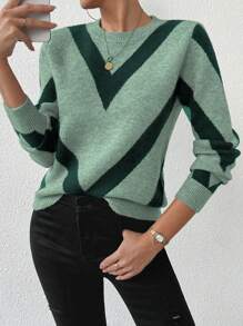 SHEIN LUNE 2024 Autumn/Winter New Arrival Geometric Striped Pullover Sweater Knit Pullover Fall - Multicolor - View 5