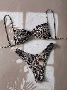 Swim Vcay Damen Sommer zufälliges Leoparden- & Muster-Muster Patchwork Bandeau Bikini-Set mit Spaghettiträgern für den Strand