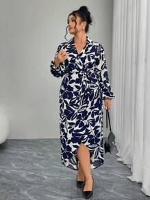 Modelyn Plus Size Elegant Floral All Over Print Lantern Sleeve Tie Wrap Dress - Navy Blue - View 5