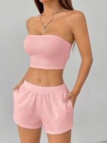 SHEIN PETITE Women's Solid Color Casual Two Pieces Set - Pink - View 3