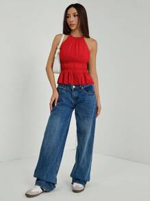 SHEIN PETITE Women's Pleated Halter Neckline Waist-Tied Backless Tank Top - Burgundy - View 5