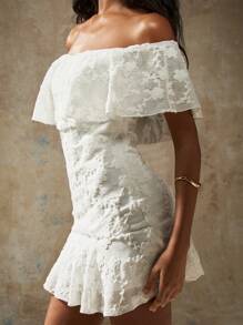 MISSGUIDED Off Shoulder Ruffle Mini Dress Lace Overlay Summer Wedding Guest Special Occasion Party A-Line Dress