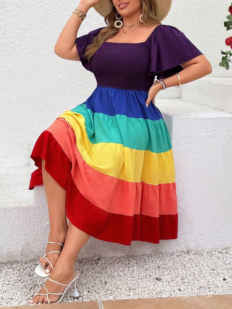 SHEIN Clasi 大码扎染荷叶边肩部荷叶边拼接拼色中长连衣裙，LGBT 彩虹 A 字裙 - 彩色 - 查看 1