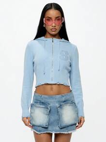 SUMWON WOMEN 女式短款拉链针织连帽开衫，做旧下摆，秋冬分层毛衣，罗纹袖口，运动休闲