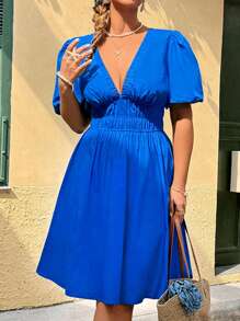 Flirla Plus Size V-Neck Pleated A-Line Backless Puff Sleeve Dress - Blue - View 3