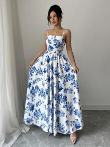 SHEIN Raffinéa Spring/Summer Sleeveless Butterfly Printed Dress, Suitable For Outdoor Activities, Parties, Graduations, Dances And Festivals - Blue and White - View 3