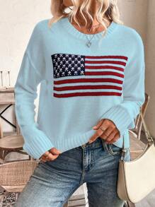 SHEIN LUNE Casual US Flag Pattern Drop Shoulder Sweater, Autumn/Winter Knit Pullover Fall - Blue - View 5