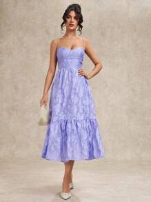 SHEIN BAE 女士紫色提花无袖甜美 V 领节日连衣裙 - 紫色 - 查看 4