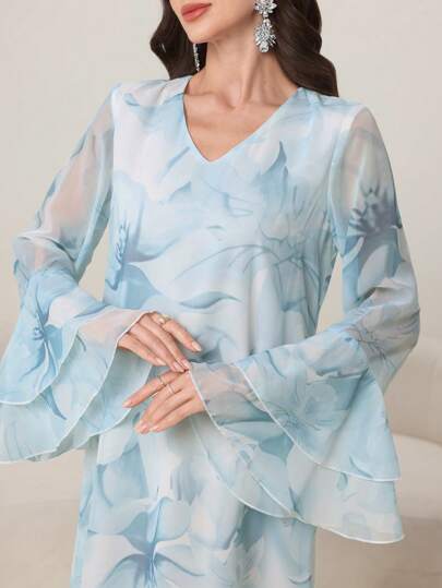 Al Najma 女士花朵网眼印花阿拉伯风格长款喇叭袖连衣裙