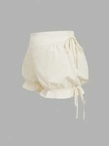 SHEIN MOD 大码杏色可爱休闲度假袖口系带灯笼短裤