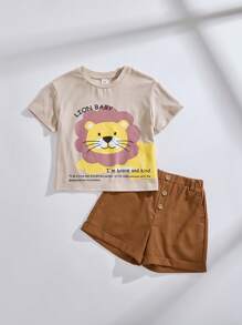SHEIN Ragazzo giovane, set maglietta a girocollo a maniche corte con stampa di leoni e pantaloncini con bottoni di legno - Multicolore - Visualizzare 3