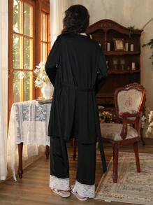 Côtesoire 3件套优雅蕾丝拼接女士睡衣套装，适合假日、秋冬季节穿着 - 黑色 - 查看 2