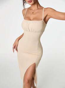 SHEIN PETITE Women Solid Color Ruched Midi Slip Dress With Slit - Apricot - View 2
