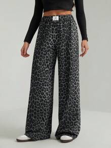 SHEIN Tall Women Leopard Print Casual Lounge Pants - Dark Grey - View 5