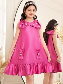 SHEIN Elegantes, ärmelloses Satinkleid mit Perlenschleife und lockerer A-Linie, Netzsaum und Farbblock für Tween-Mädchen, geeignet für Hochzeit, Geburtstag, Party