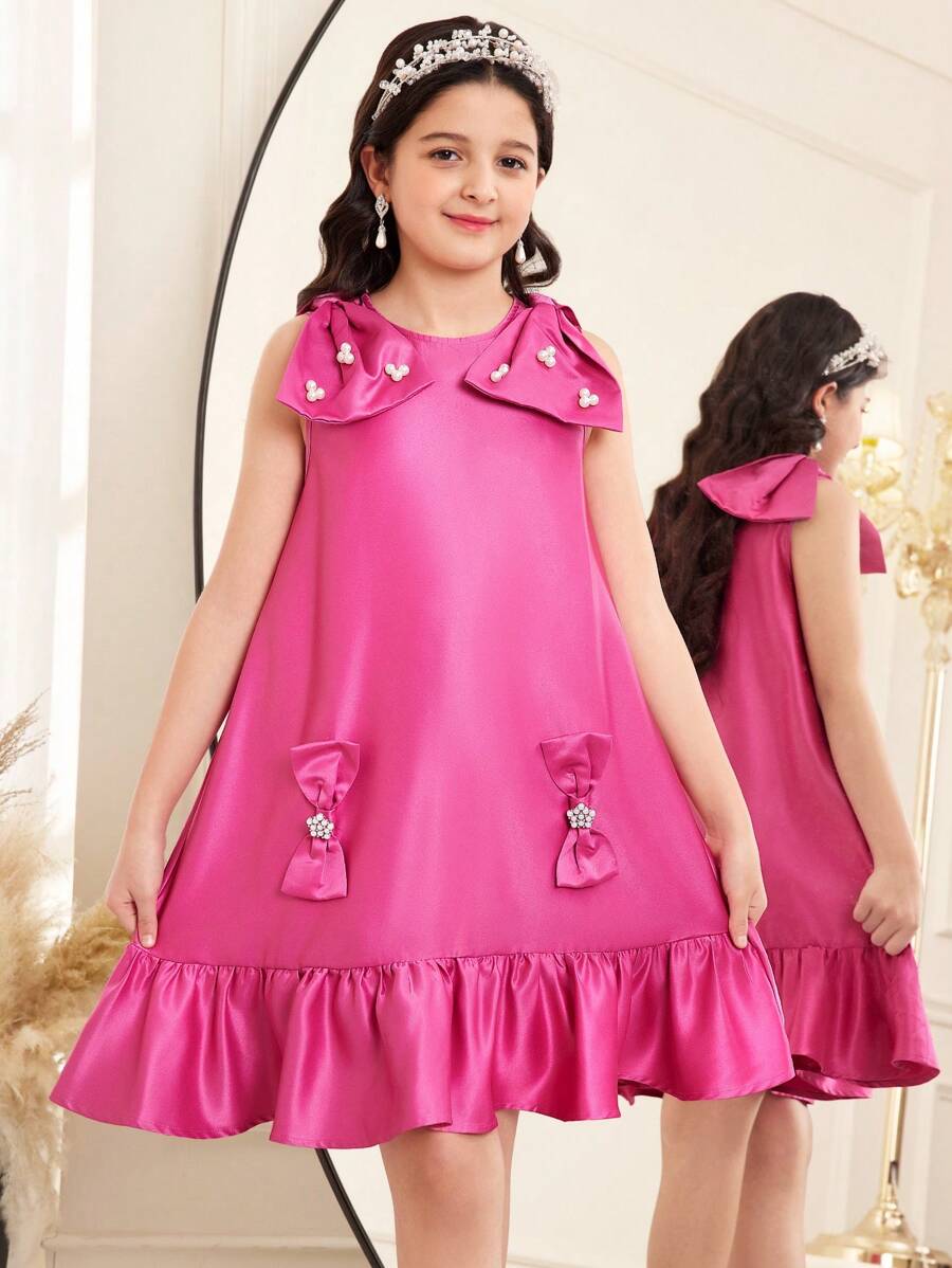 SHEIN Elegantes, ärmelloses Satinkleid mit Perlenschleife und lockerer A-Linie, Netzsaum und Farbblock für Tween-Mädchen, geeignet für Hochzeit, Geburtstag, Party