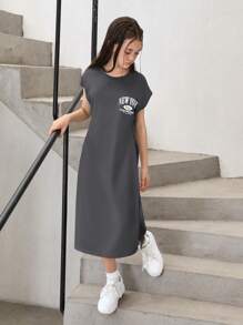 SHEIN Tween Girl 宽松休闲背印花开衩圆领落肩中长连衣裙 - 深灰色 - 查看 6