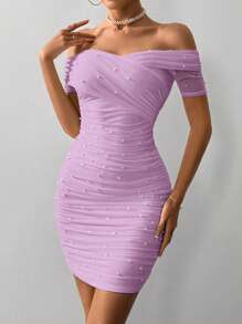 SHEIN Privé Women Open Shoulder Short Sleeve Beaded Ruched Bodycon Mini Dress - Lilac Purple - View 3