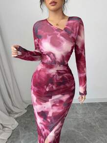 Modelyn Women's Asymmetrical Hem Tie-Dye Print Long Sleeve Mesh Dress Fall Cloth For Women - Multicolor - View 5