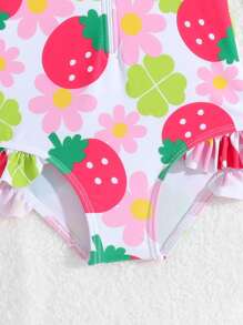 SHEIN Baby Girls' One-Piece Swimsuit With Random Prints And Ruffles (Includes Swimming Cap) - Multicolor - View 6