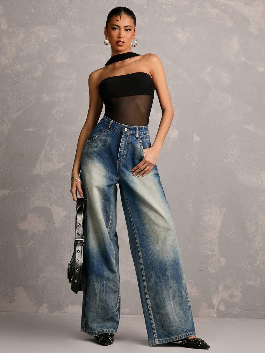 SHEIN BAE 女士黑色不透明露背紧身衣，适合音乐节、派对、度假，适合节日服装、度假服装、女士夏装、女士节日服装 - 黑色 - 查看 1