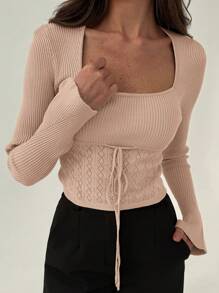 Aloruh Women Casual Solid Color Texture Patchwork Spring Sweater - Khaki - View 7