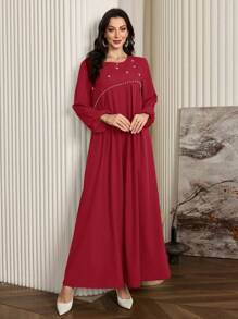 Al Najma 女式优雅长袖阿拉伯风格连衣裙，带串珠装饰，优雅 A 字型阿拉伯连衣裙，适合日常休闲