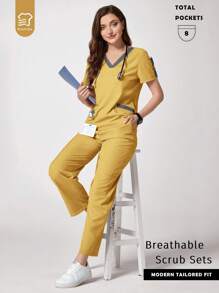 TaskEZ 2pcs Women's Contrast V-Neck Short Sleeve Pocket Top And Pants Scrub Uniform Set - Yellow - View 1