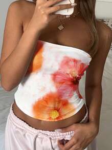 SHEIN EZwear 女士休闲全花卉印花抹胸短款上衣，适合夏季 - 白色 - 查看 5