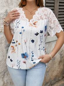 SHEIN LUNE Plus Size Women's V-Neck Lace Patchwork Plant Print T-Shirt Summer For Women Vacation Woman Summer Top Wedding Season Beach For Woman - White - View 4