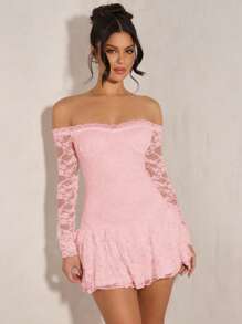 SHEIN BAE Vestido mini ajustado con hombros descubiertos, volantes de encaje para mujer, para primavera/verano