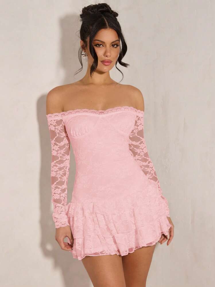 SHEIN BAE Vestido mini ajustado con volantes de encaje de hombros descubiertos, primavera/verano para mujer - Rosa Pálido - Ver 4