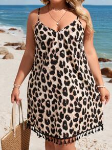 SHEIN VCAY Plus Size Women Leopard Print Loose Fringed Hem Cami Dress, For Vacation Plus Size Women Clothes Summer Plus Size Dresses Vacation Plus Size Summer Dresses - Multicolor - View 1