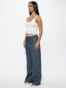 SUMWON WOMEN Street Check Wide Leg Carpenter Denim Jeans - Blue - View 5