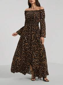SHEIN Tall Vestido casual com estampa de leopardo, linha A, frente com babados, bainha com babados e fenda alta, estilo boêmio outono/inverno - Castanho - Ver 6
