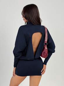 SHEIN PETITE 女式时尚高领蝙蝠袖露背紧身迷你连衣裙