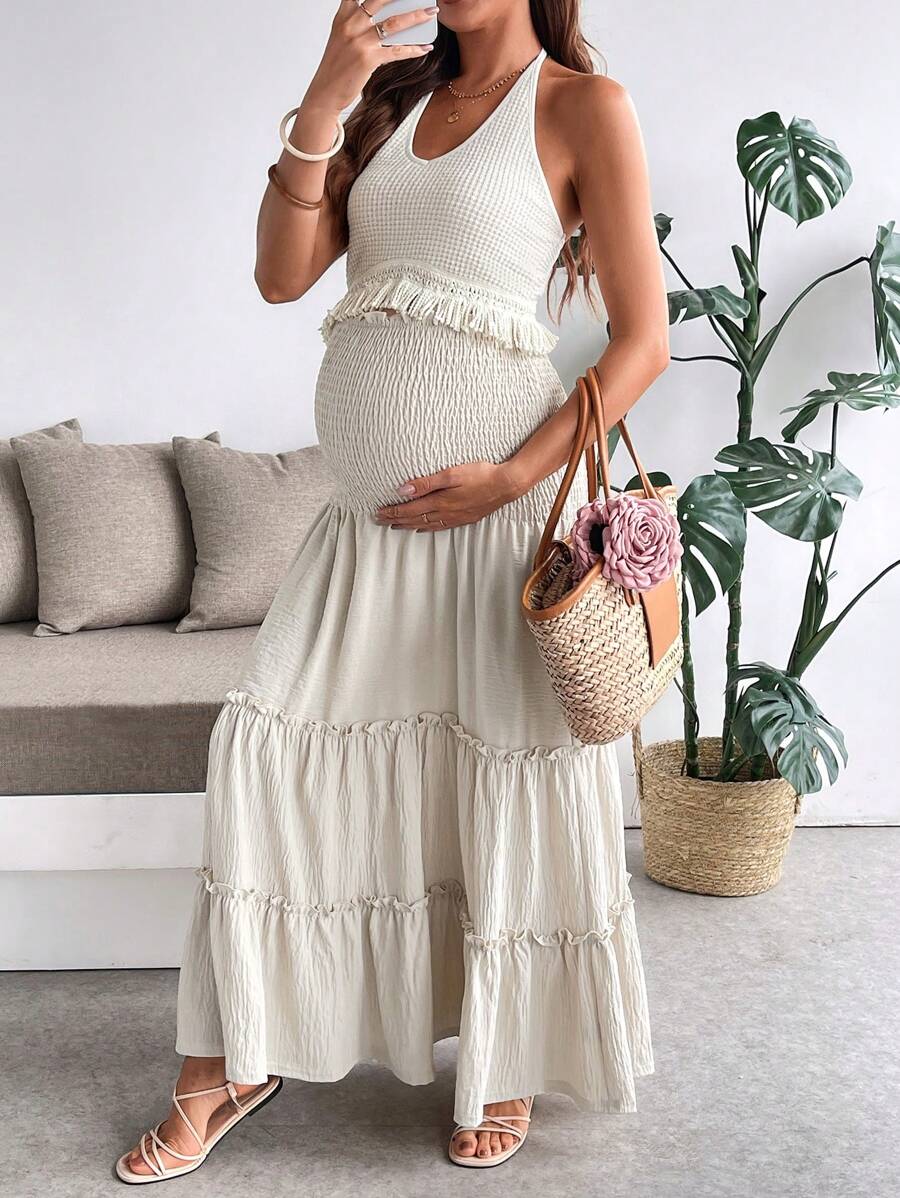 SHEIN 2pcs Maternity Set: Shirred Backless Tassel Trim Casual Top & High Waist Skirt