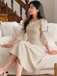 DAZY 女性用ラウンドネック ウエスト絞り 3/4袖 ミドル丈ドレス エレガント